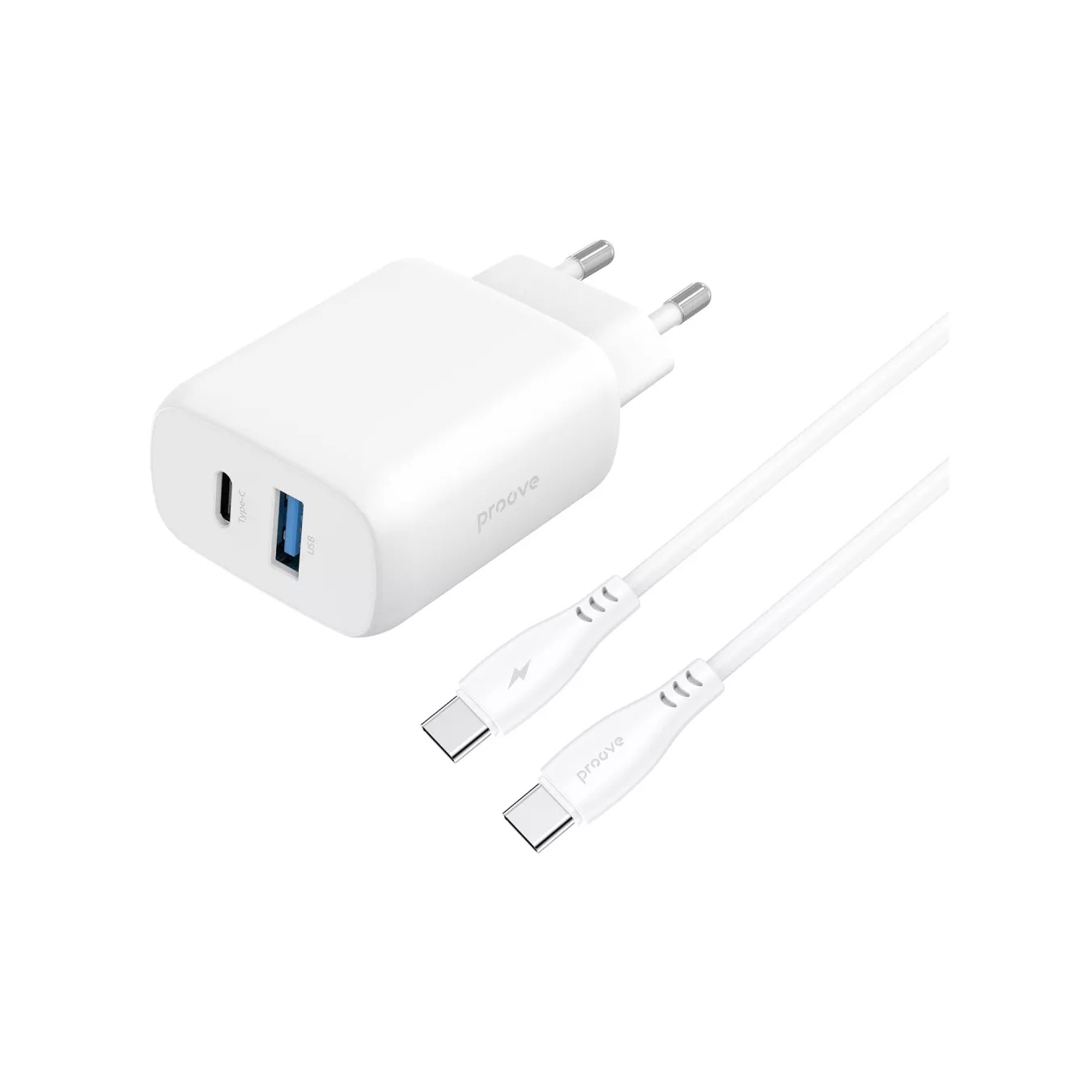 СЗУ Proove Silicone Power 2 30W (Type-C + USB) + Cable Type-C to Type-C (1m) (white)